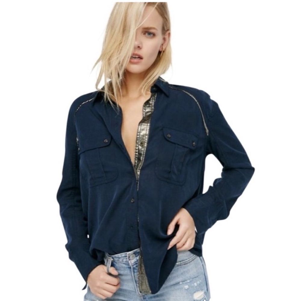 Free People L Navy Gold Metallic Banding Off Campus Button Down Long Sl Shirt